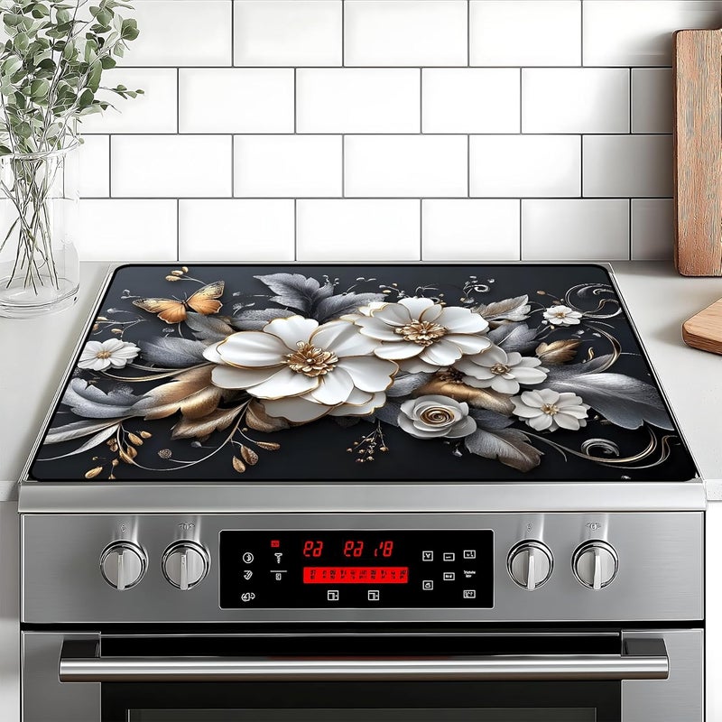 BVBOX White flower Stove Top Cover Retro Flower Gas Stove Top Cover for Home Decoration Kitchen Pad Non-Stick Washable Cooktop Covers Countertop Protector Keep Stove Clean 28"x20" - Image 1